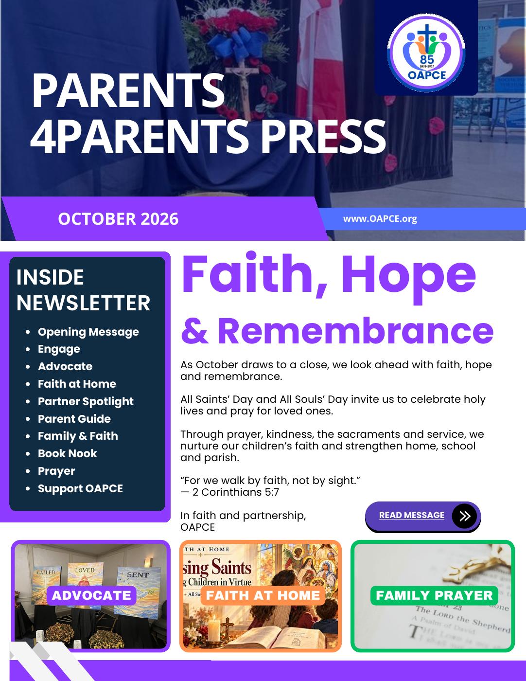 October 2026 newsletter cover with large Faith, Hope and Remembrance headline and Read Message button.