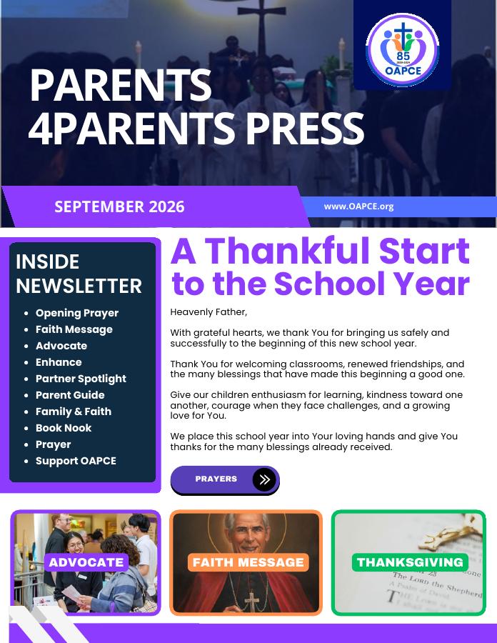Cover of OAPCE’s September 2026 Parents4Parents Press newsletter: A Thankful Start to the School Year.