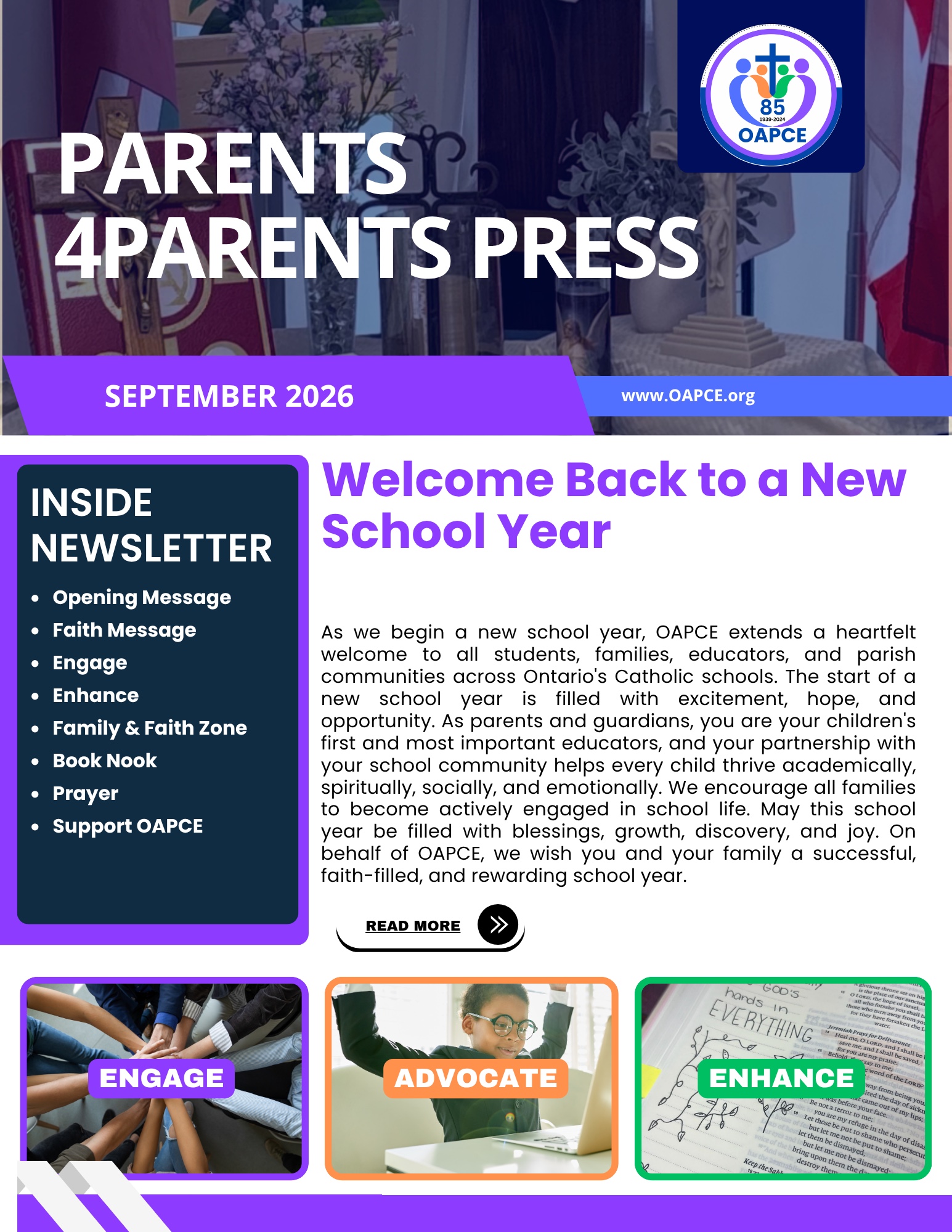 Cover of OAPCE’s September 2026 Parents4Parents Press newsletter: Welcome Back to a New School Year.