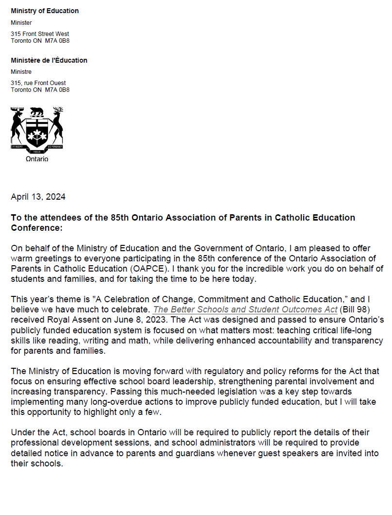 Letter from The Minister Of Education
